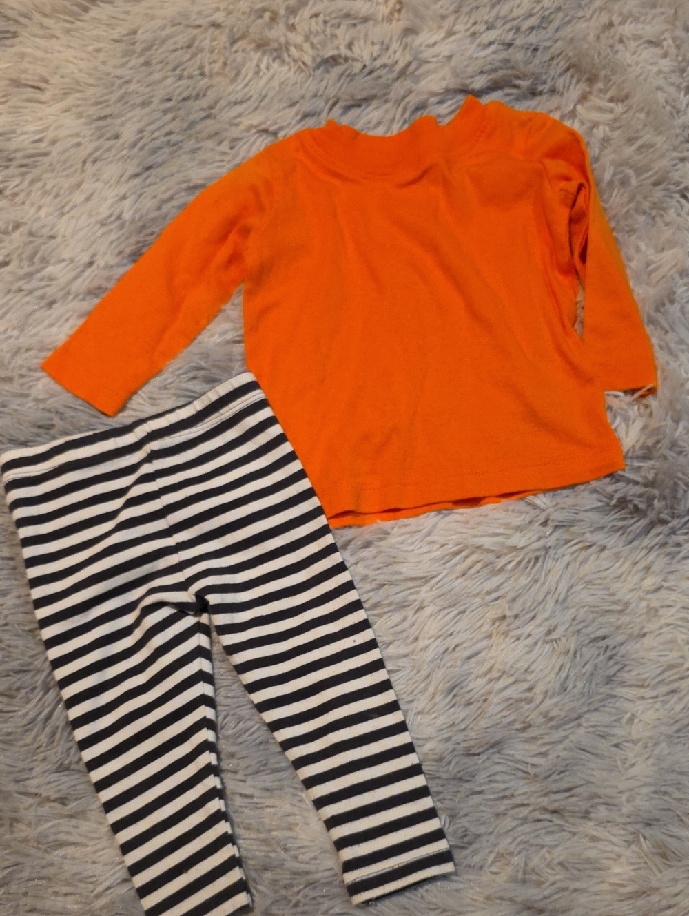 Kids Orange Long-Sleeve Pajama Top with Black & White Striped Leggings